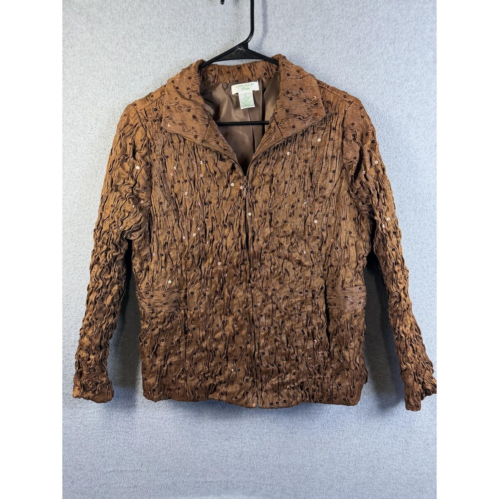 Laura Ashley Jacket Womens Petite Large Brown Crinkle Sequin Zip Lined Party